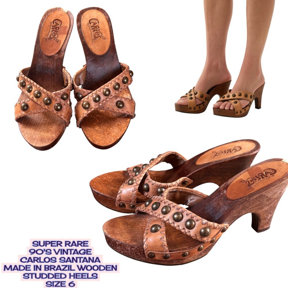 RARE 90'S VINTAGE CARLOS MADE IN BRAZILā WOODEN STUDDED HEELS SANDALS SZ. 6